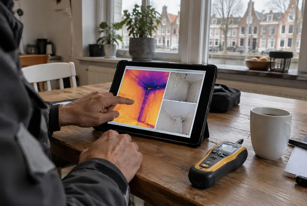 Lekdetectie Vlaardingen – lekdetectierapport met warmtebeelden en foto's op een tablet