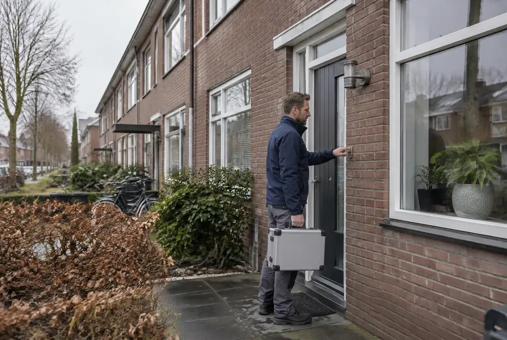 Lekdetectiespecialist met meetkoffer bij de voordeur van een woning in Vlaardingen